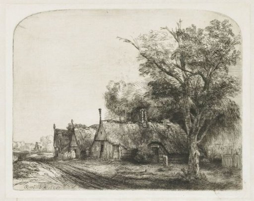 Landscape with three gabled cottages beside a road
