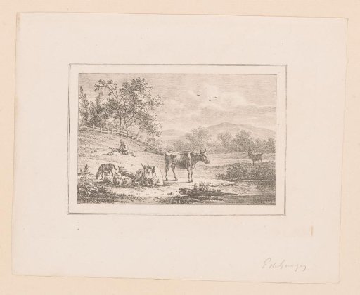 Hilly landscape with shepherd and dog, two cows, four sheep and a goat