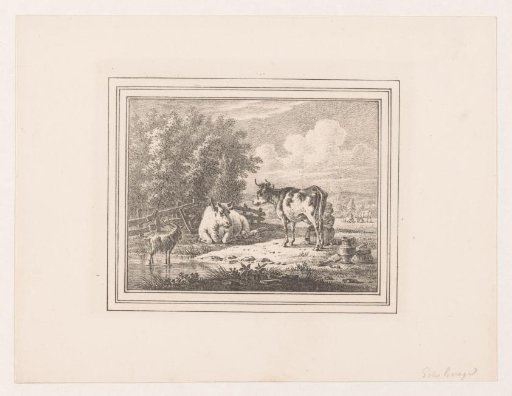 Cow being milked in a landscape