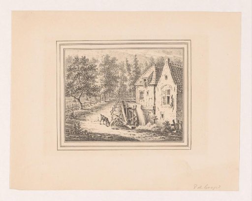 Landscape with a watermill and a grazing goat on a leash