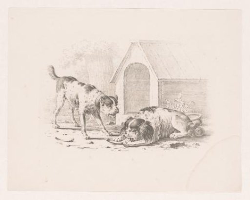 Two dogs by a doghouse