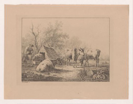 Cows and a sheep by a hut