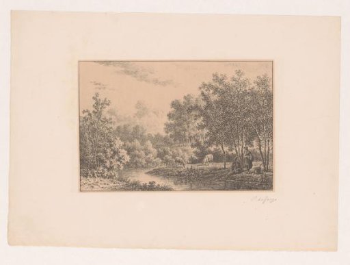 Landscape with a river, a fisherman and two sheep