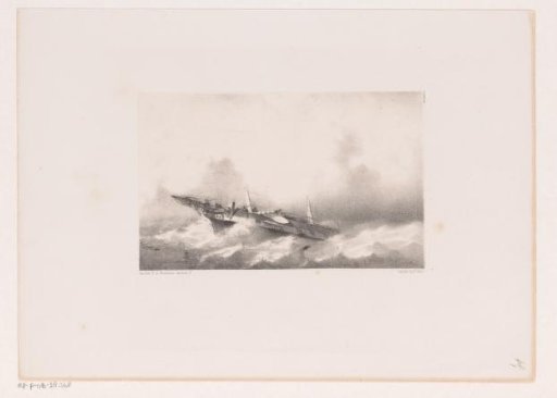 Damaged two-masted ship on high waves