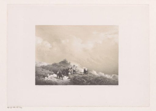 People in the dunes looking at a ship in distress