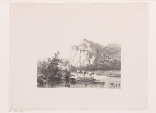Mountainous landscape with three cows in the water