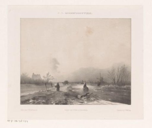 Winter landscape with skating figures and a mill