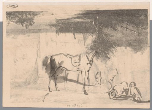 River landscape with two horses and a groom in the stable