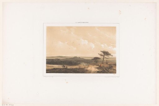 Heath landscape with a resting walker and shepherd with flock