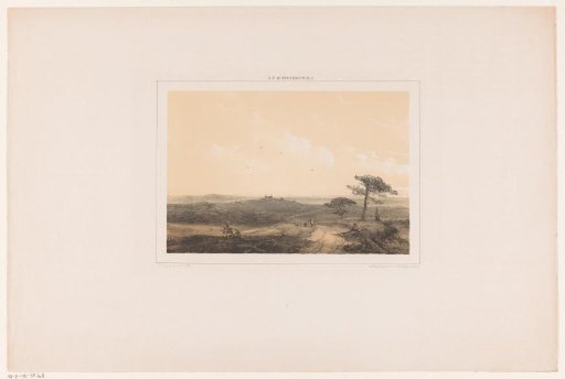 Heath landscape with a resting walker and shepherd with flock