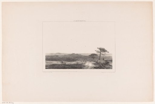 Heath landscape with a resting walker and shepherd with flock