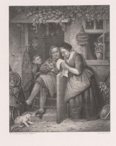 Woman reading a letter with man and child