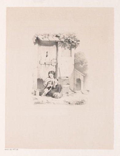 Girl with a dog before a door