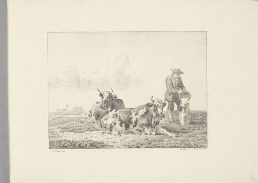 Farmer and two cows in a meadow