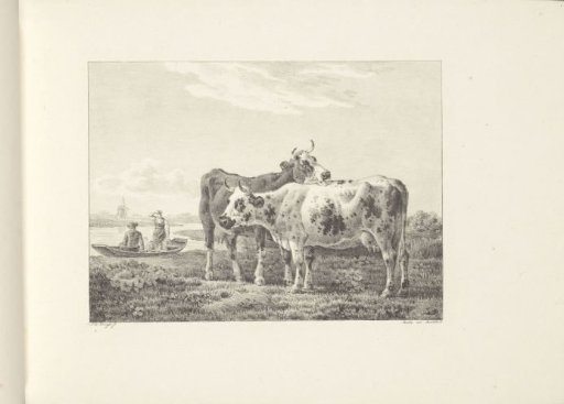 Two cows and two figures in a boat