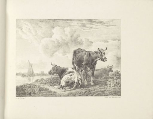 Landscape with three cows and a sailing boat