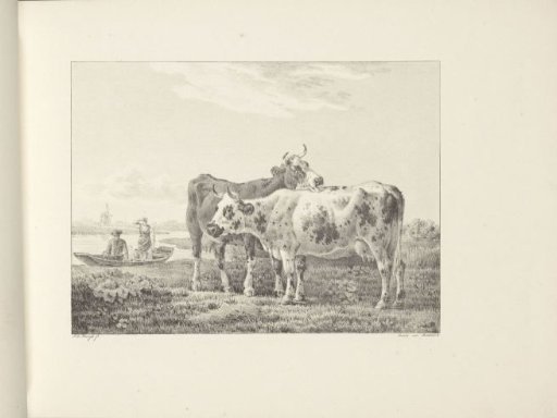 Two cows and two figures in a boat