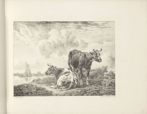Landscape with three cows and a sailing boat