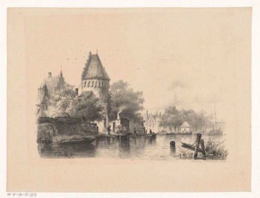 Castle tower and houses by the water