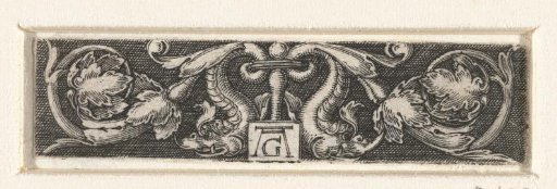 Frieze with two dolphins and two leafy scrolls