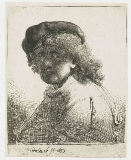 Self-portrait in a cap and scarf with the face dark: bust