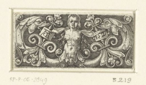 Ornament with the torso of a woman between dolphins