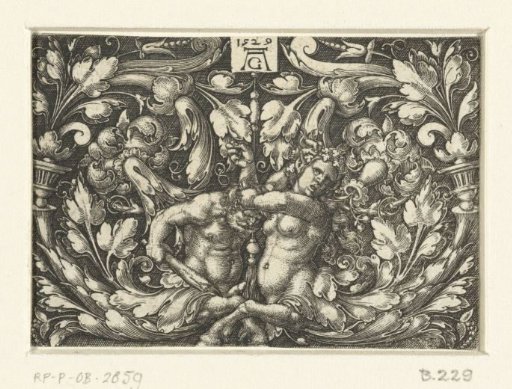 Two fighting centaurs between leafy scrolls