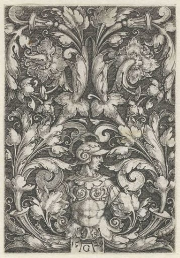 Man in armor from which leafy scrolls emerge