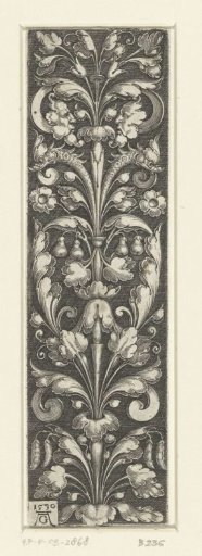Leafy scrolls with two masks and two dolphins