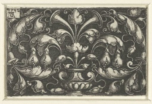 Vase from which leafy scrolls emerge