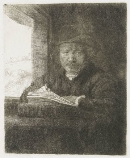 Self-portrait etching at a window