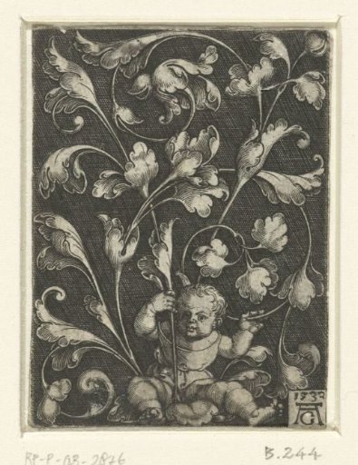 Leafy scrolls held by a seated child