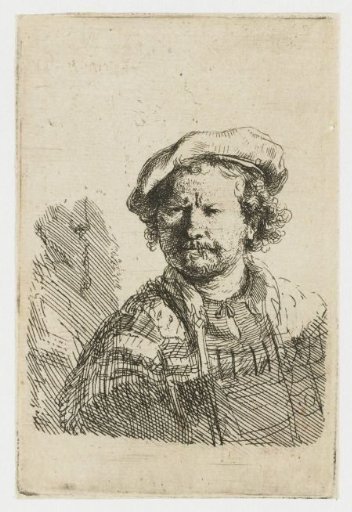 Self-portrait in a flat cap and embroidered dress
