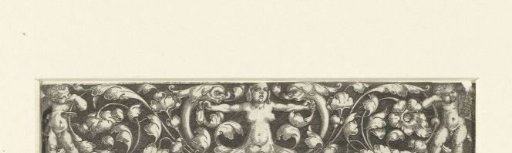 Siren between two dolphins and leafy scrolls