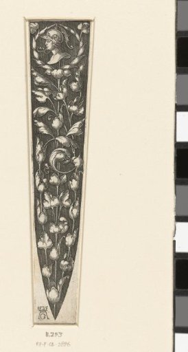Design for a scabbard with the head of a man wearing a helmet at the top