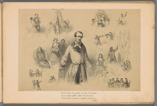 Man in a dressing gown surrounded by scenes