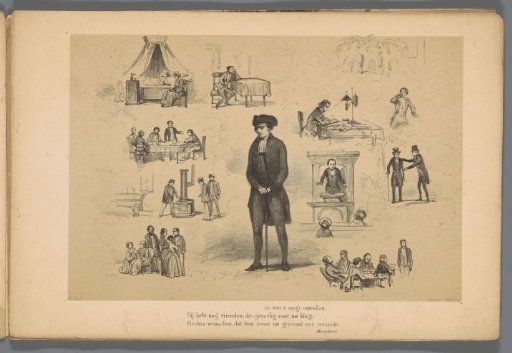 Man with a cane and walking stick, surrounded by scenes.