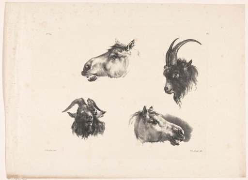 Two horse heads and two rams' heads