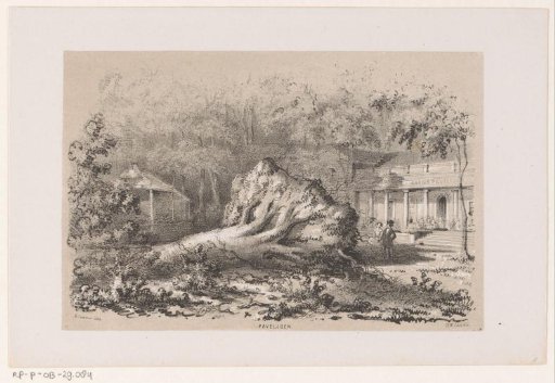 Omgewaaide boom bij het Paviljoen, na de storm van 28 mei 1860