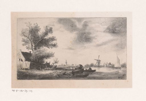 River landscape with boats and windmill