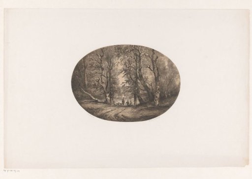 Forest path with hunter and two figures