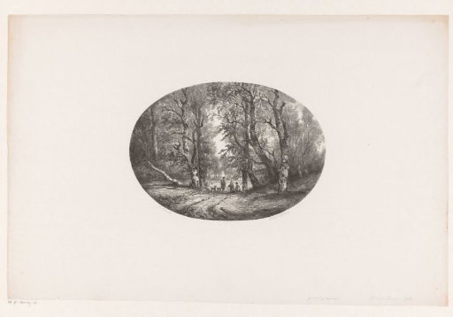 Forest path with hunter and two figures