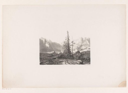 Mountain landscape with shepherd and goats