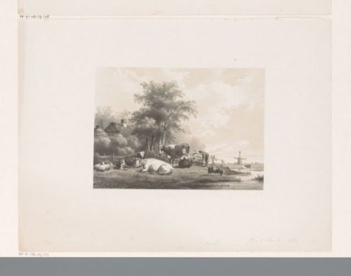 Landscape with farm, flock and milking woman