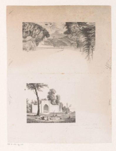 Railway bridge with train over a river and city park with figures