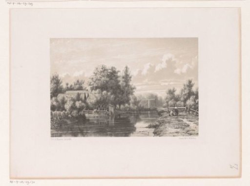 View of a river with a farm and a drawbridge