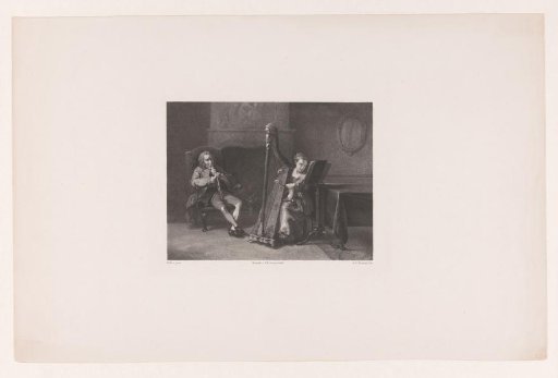 Girl Playing the Harp with a Man Watching