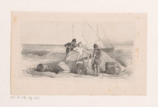 Men around a whale from which a figure climbs