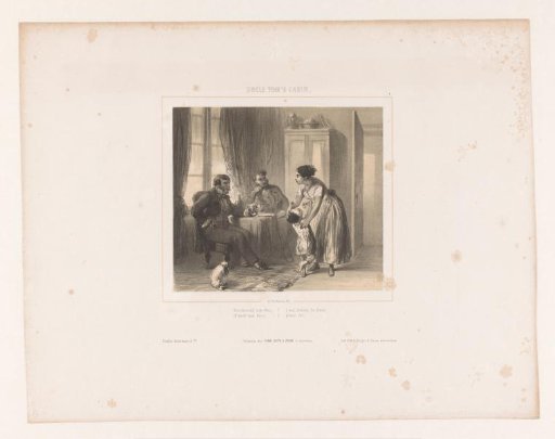 Eliza with child and men in an interior