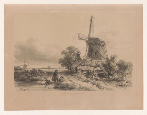 Windmill in a landscape with two figures